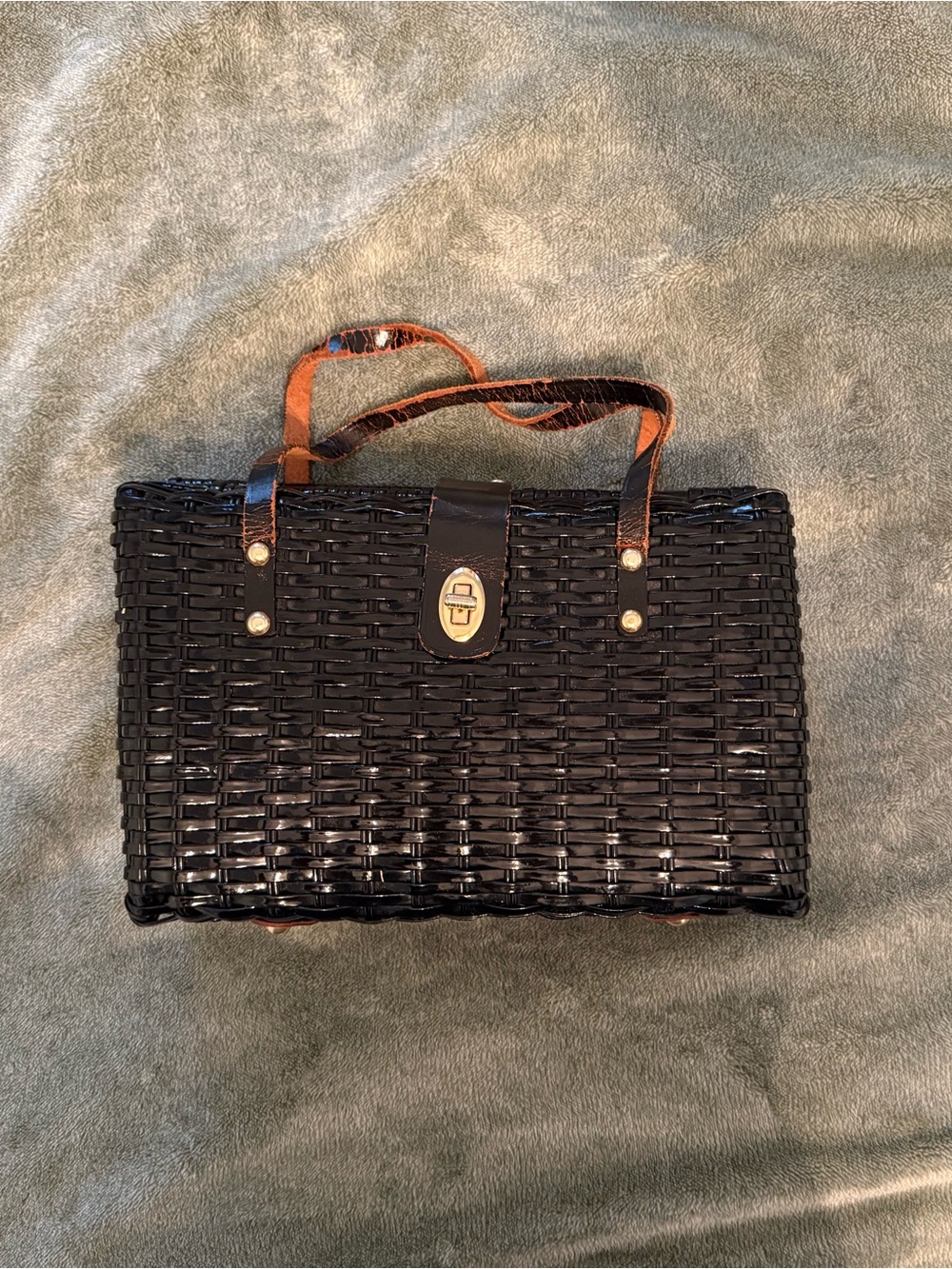Vintage 50s/60s Black Woven Tote Bag with Gold Turn-Lock